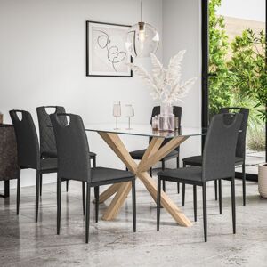 More4homes - Etta Glass Dining Table And Chairs - Glass Top w Solid Oak Legs + Monza Fabric Dining Chair Set Of 6 (Charcoal)