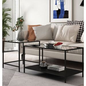 Hallowood Furniture - Bewdley Large Black Nested Coffee Table with Glass Top, Metal Coffee Table with Powder Coated Frame, Glass Coffee Table,