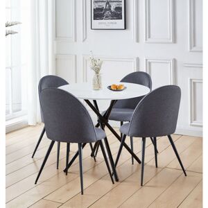 Hallowood Furniture - Cullompton Small Round Dining Table and Chairs Set 4, White Marble Effect Kitchen Table with Curved-back Grey Fabric Dining