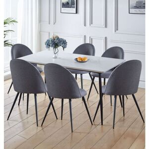 Hallowood Furniture - Cullompton Large Dining Table and Chairs Set 6, White Marble Effect Top in Black Metal Legs Kitchen Table and Grey Fabric
