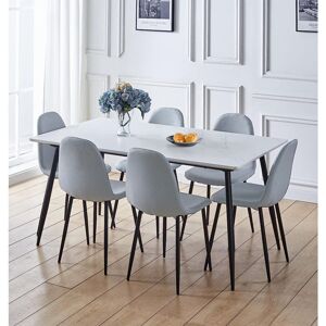 Hallowood Furniture - Cullompton Large Dining Table and Chairs Set 6, White Marble Effect Top and Black Metal Legs Dining Table (160 x 80cm) and Grey