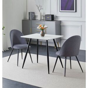 Hallowood Furniture Cullompton Small Dining Table and Chairs Set 2, White Marble Effect Top Kitchen Table (0.8m) and Curved-back Grey Fabric Chairs,
