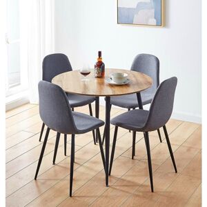 Hallowood Furniture - Cullompton Small Round Dining Table and Chairs Set 4, Brown Oak Effect Small Kitchen Table and Grey Fabric Chairs, Round Coffee