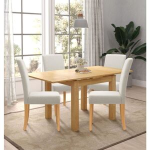 Hallowood Furniture - Waverly Extendable Dining Table and Chairs Set 4, Light Oak Small Kitchen Table and Beige Fabric Upholstered Dining Chairs,