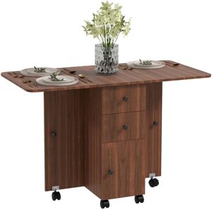 Homcom - Folding Dining Table, Drop Leaf Table With Storage Drawers Brown