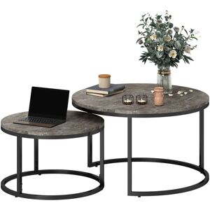 Homcom - 2 Pcs Stacking Coffee Table Set Steel Frame Marble-Effect Top Foot Pads Brown