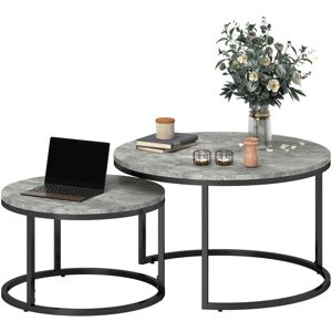 Homcom - 2 Pcs Stacking Coffee Table Set Steel Frame Marble-Effect Top Foot Pads Cement Grey