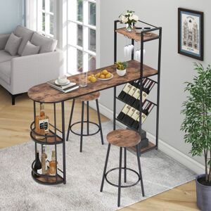 Abrihome - Industrial Bar Table Set with 2 Chairs, Counter Height Kitchen Dining Table, Wine Rack, and Side Storage, (Rustic Brown)