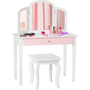 Costway - Kids Vanity Table & Stool Set Princess Makeup Dressing Table w/ Drawer & Tri-folding Mirror