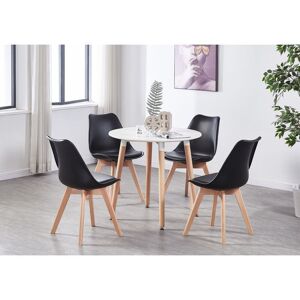 Pn Home - Halo Round Lorenzo Dining Set - a White Wooden Dining Table and Set of 4 Black Polypropylene Dining Chairs - Dining Room Kitchen