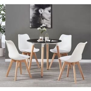 Pn Home - Halo Round Lorenzo Dining Set - a Black Wooden Dining Table and Set of 4 White Polypropylene Dining Chairs - Dining Room Kitchen