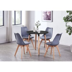 Pn Home - Halo Round Lorenzo Dining Set - a Black Wooden Dining Table and Set of 4 Grey Polypropylene Dining Chairs - Dining Room Kitchen