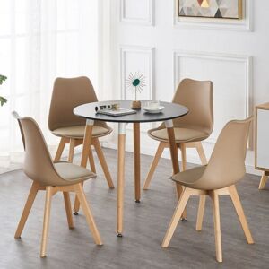 Pn Home - Halo Round Lorenzo Dining Set - a Black Wooden Dining Table and Set of 4 Vanilla Polypropylene Dining Chairs - Dining Room Kitchen