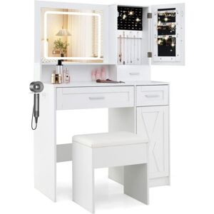 Costway - Makeup Vanity Desk Farmhouse Dressing Table & Stool Set w/ Drawers