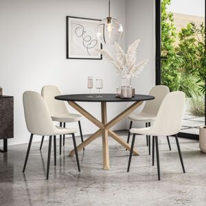 More4homes - Malvern Round Dining Table And Chairs - Black Table Top w Solid Oak Legs + Maya Boucle Dining Chair Set Of 4 (Ivory White)