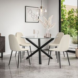 MORE4HOMES Malvern Round Dining Table And Chairs - Clear Glass Table Top w Solid Oak Black Legs + Maya Boucle Dining Chair Set Of 4 (Ivory White)