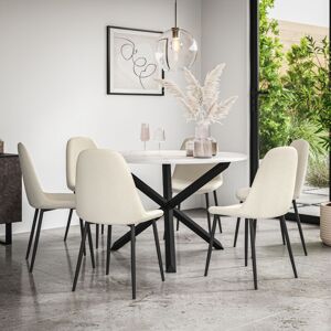 MORE4HOMES Malvern Round Dining Table And Chairs - Marble Table Top w Solid Oak Black Legs + Maya Boucle Dining Chair Set Of 6 (Ivory White)