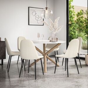 MORE4HOMES Malvern Round Dining Table And Chairs - Marble Table Top w Solid Oak Legs + Maya Boucle Dining Chair Set Of 6 (Ivory White)