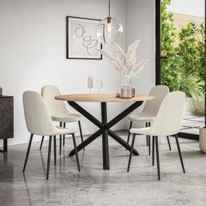 MORE4HOMES Malvern Round Dining Table And Chairs - Oak Table Top w Solid Oak Black Legs + Maya Boucle Dining Chair Set Of 4 (Ivory White)