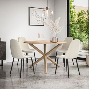 MORE4HOMES Malvern Round Dining Table And Chairs - Oak Table Top w Solid Oak Legs + Maya Boucle Dining Chair Set Of 4 (Ivory White)