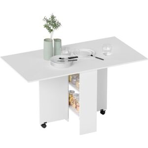 Homcom - Folding Dining Table, Drop Leaf Table for Small Spaces with 2-tier Shelves, Small Kitchen Table with Rolling Casters White