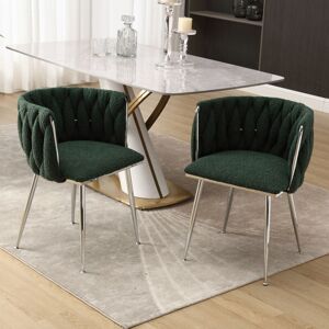 ABRIHOME Modern Hand Weaving Dining Chairs Set of 2, Boucle Upholstered Side Chairs with Silver Legs, Kitchen Chairs with Armrest, Accent Chairs, Green