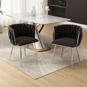 ABRIHOME Modern Hand Weaving Dining Chairs Set of 2, Boucle Upholstered Side Chairs with Silver Legs, Kitchen Chairs with Armrest, Accent Chairs, Black