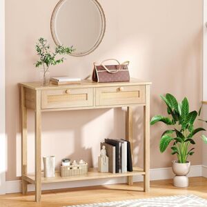 HOOBRO Rattan-Like Narrow Console Table with 2 Drawers, 80 cm Wooden Hallway Table with Storage, Open and Hidden Storage Space, Woven Decoration, for