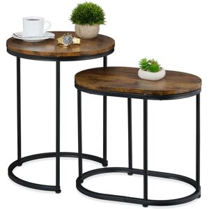 Relaxdays Nesting Tables, 2-Piece Set, 2 Sizes, Wood Effect, Metal Legs, Round & Oval, Industrial, for Sofa, Brown/Black