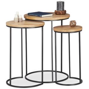 Relaxdays - Nested Side Tables Set of 3, Round Tabletops, 3 Sizes, Metal and Mango Wood, Side Table, Natural