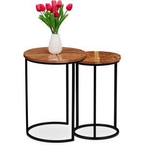 Relaxdays - Nesting Tables, Set of 2, Acacia Wood and Iron, Round Side-Tables, for Living Room or Hallway, Brown/Black