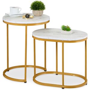 Relaxdays - Nesting Tables, 2-Piece Set, 2 Sizes, Marble Effect, Metal Legs, Round & Oval, Living Room, Sofa, White/Gold
