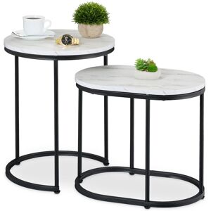 Relaxdays - Nesting Tables, 2-Piece Set, 2 Sizes, Marble Effect, Metal Legs, Round & Oval, Living Room, Sofa, White/Black