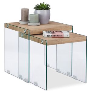 Relaxdays Nesting Tables Set of 2, Solid Wooden Tabletop, Chic Glass Side and Coffee Tables, 40 - 45cm Tall, Natural