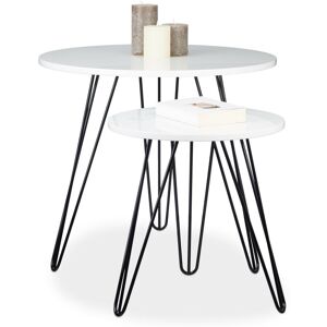 Relaxdays - Set of 2 Side Tables, Round, 3 Legs, Wood, Metal, 52 x 60 cm, Coffee Table, Living Room, Glossy, White