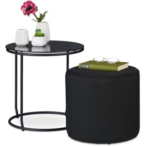 Relaxdays - Side Table with Stool, Round Coffee Counter with Stool, Space-saving, Glass & Metal, HxD: 40 x 40 cm, Black