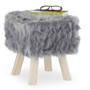 Relaxdays Stool Faux Fur, Decorative Wooden Legs, Side Chair, Seat for Dressing Table, Footrest, HWD: 37x32x32 cm, Grey