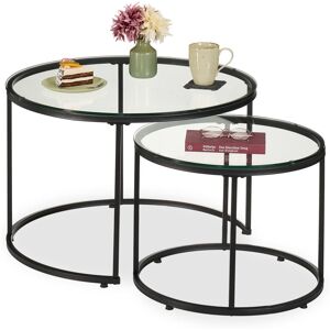 Relaxdays side tables, set of 2, glass & metal, round nesting tables, for the sofa, living room, transparent/black