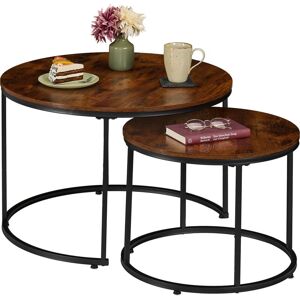 Relaxdays side tables, set of 2, wood effect & metal, industrial design, round tables, living room, brown/black