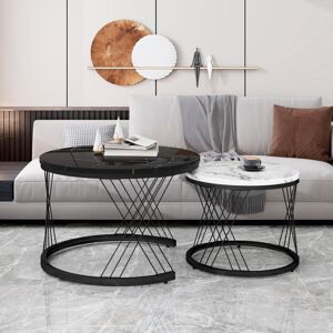 ABRIHOME Round Coffee Table, Modern Coffee Table Set of 2 Marble Pattern Top with Metal Frame, Small Side Table, End Table for Living Room, Bedroom, Home