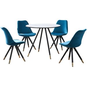 Pn Home - Dorchester lux Sofia Dining Set - a White Wooden Dining Table and Set of 4 Blue Vevet Dining Chairs - Dining Room Kitchen