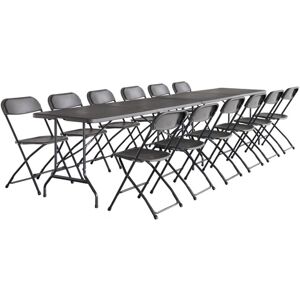 SWEEEK Pair of folding plastic reception tables with 12 chairs, Fiesta, Charcoal Grey, 180x69.5x73.5 cm