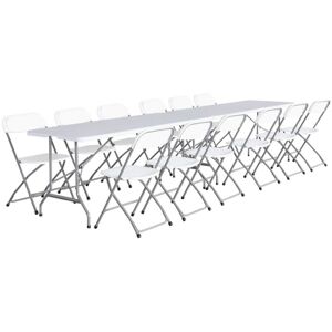 Sweeek - Pair of folding plastic reception tables with 12 chairs, Fiesta, White, 180x69.5x73.5 cm