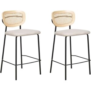 Beliani - Set of 2 Modern Bar Chairs Viennese Braid Rattan Backrest Stools Polyester Seat Armless Black Legs Light Beige Mayetta