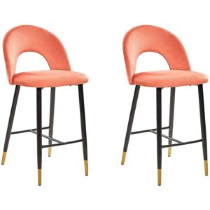 Beliani - Retro Set of 2 Velvet Bar Chairs Coral Red Black Steel Legs Golden Details Falton