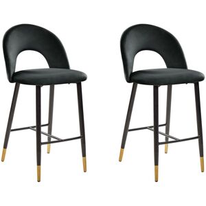 Beliani - Retro Set of 2 Black Velvet Bar Chairs Black Steel Legs Golden Details Falton