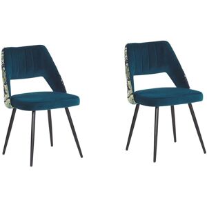 Beliani - Retro Style Set of 2 Dining Chairs Velvet Seat Floral Pattern Back Blue Ansley