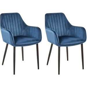 Beliani - Modern Set of 2 Velvet Dining Chairs Vertical Stitches Metal Legs Dark Blue Wellston