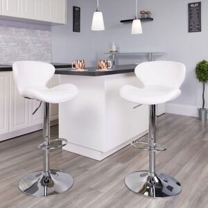 FWSTYLE Set of 2 White Faux Leather Bar Stools Adjustable Footrest Sturdy Chrome Base