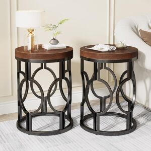 Tribesigns - Round End Table Set of 2, Industrial Side Table with Metal Hollow Frame, Small Bedside Table Nightstand for Living Room, Bedroom, Easy